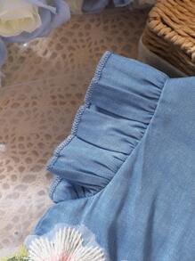 嬰兒貼花網紗拼接荷葉邊連衣裙 - 藍白色 - 查看 5