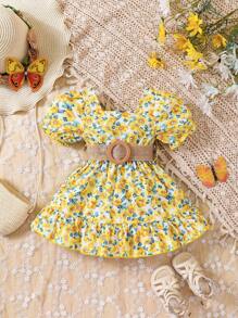 荷葉邊花卉印花 全身印花嬰兒連衣裙 - 黃色 - 查看 1