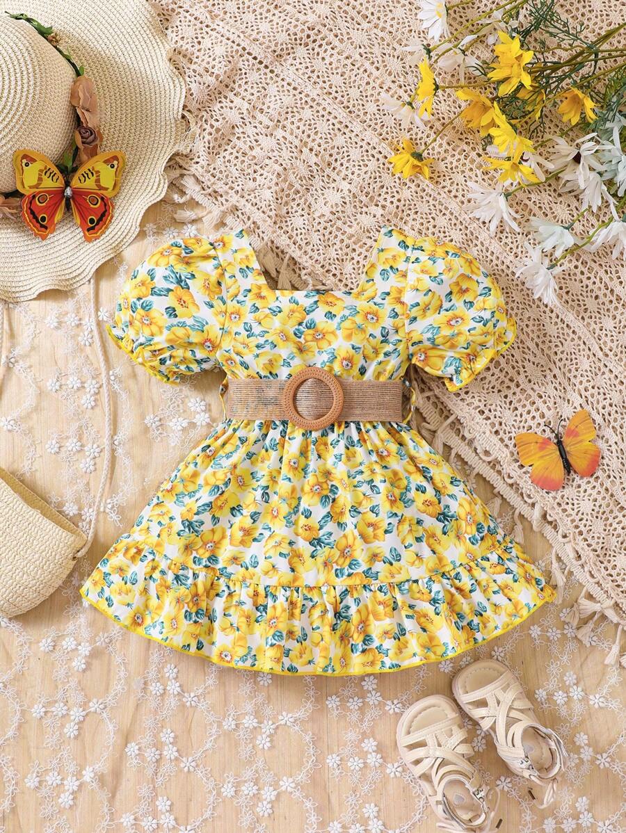 荷葉邊花卉印花 全身印花嬰兒連衣裙 - 黃色 - 查看 1