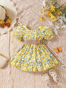 荷葉邊花卉印花 全身印花嬰兒連衣裙 - 黃色 - 查看 2