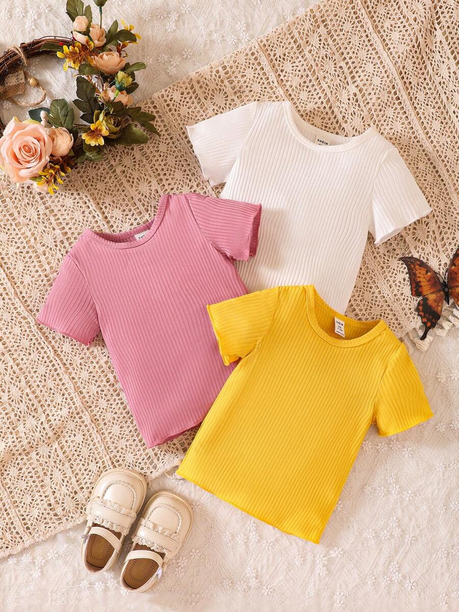 Baby 3pcs Ribbed Knit Tee - Multicolor - View 1