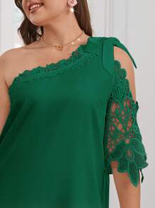 SHEIN Clasi Đầm Plus Size Tương phản ren Thắt nút màu trơn Thanh lịch - màu xanh lá - Xem 3