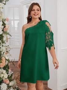 SHEIN Clasi Đầm Plus Size Tương phản ren Thắt nút màu trơn Thanh lịch - màu xanh lá - Xem 4