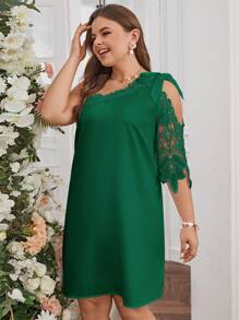 SHEIN Clasi Đầm Plus Size Tương phản ren Thắt nút màu trơn Thanh lịch - màu xanh lá - Xem 7