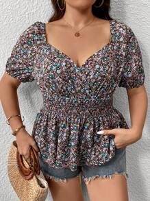 SHEIN Clasi 大碼碎花雞心領口荷葉邊下擺襯衫 - 紫色 - 查看 1