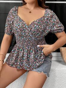 SHEIN Clasi 大碼碎花雞心領口荷葉邊下擺襯衫 - 紫色 - 查看 6