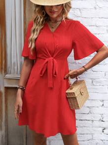 SHEIN VCAY 素色前打結蝴蝶袖連衣裙 - 紅色 - 查看 3