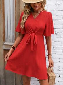 SHEIN VCAY 素色前打結蝴蝶袖連衣裙 - 紅色 - 查看 5