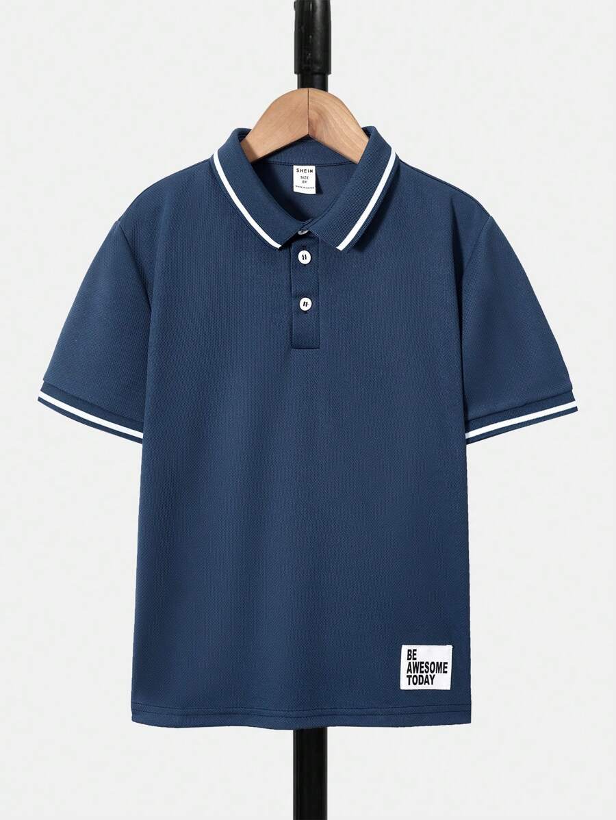 SHEIN 休閒前紐扣 貼布標語男童Polo襯衫 - 藏蓝色 - 查看 1
