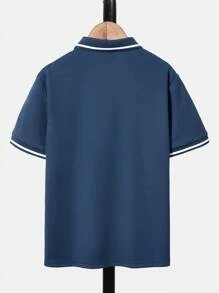 SHEIN 休閒前紐扣 貼布標語男童Polo襯衫 - 藏蓝色 - 查看 2