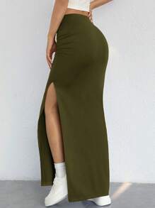 Muchica 素色褶邊高衩半身裙 - 軍綠色 - 查看 2