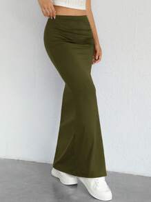 Muchica 素色褶邊高衩半身裙 - 軍綠色 - 查看 4