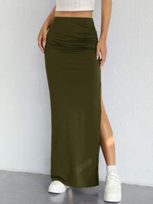 Muchica 素色褶邊高衩半身裙 - 軍綠色 - 查看 5