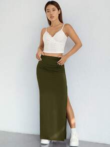 Muchica 素色褶邊高衩半身裙 - 軍綠色 - 查看 6