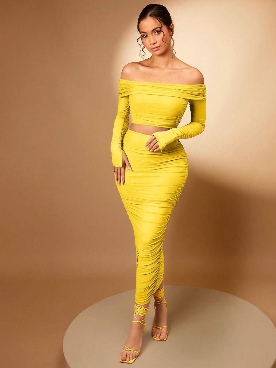 SHEIN BAE 一字肩短款上衣和褶邊鉛筆裙 - 黃色 - 查看 1