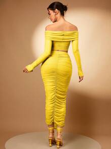 SHEIN BAE 一字肩短款上衣和褶邊鉛筆裙 - 黃色 - 查看 2