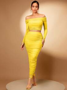 SHEIN BAE 一字肩短款上衣和褶邊鉛筆裙 - 黃色 - 查看 5