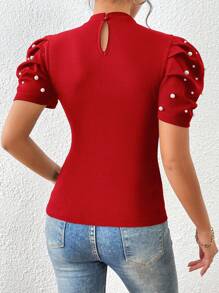 SHEIN Clasi Áo thun nữ cườm đính Nút Ngọc trai màu trơn Giải trí - Đỏ - Xem 2