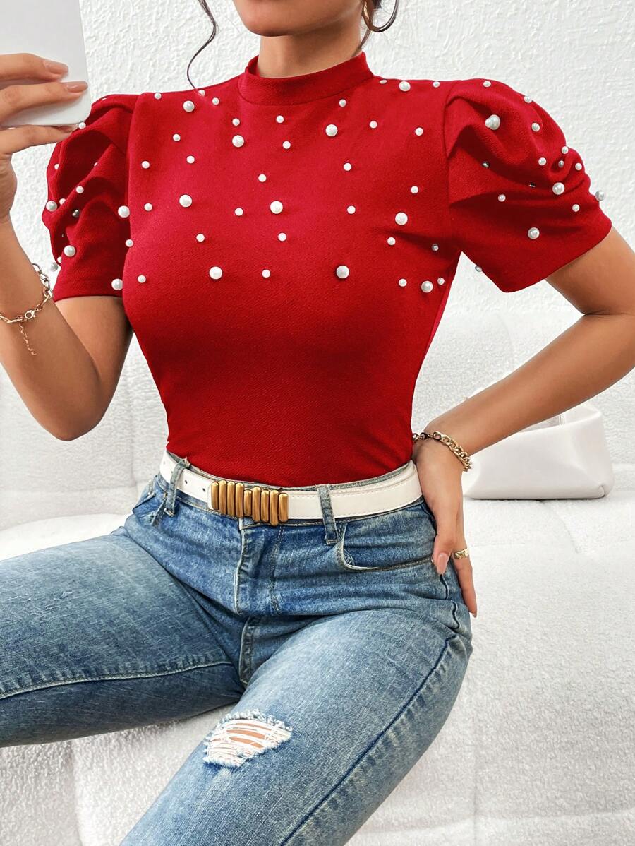 SHEIN Clasi Áo thun nữ cườm đính Nút Ngọc trai màu trơn Giải trí - Đỏ - Xem 1
