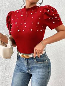 SHEIN Clasi Áo thun nữ cườm đính Nút Ngọc trai màu trơn Giải trí - Đỏ - Xem 3