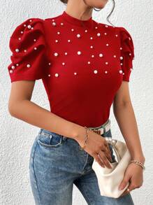 SHEIN Clasi Áo thun nữ cườm đính Nút Ngọc trai màu trơn Giải trí - Đỏ - Xem 4