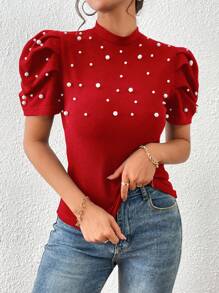 SHEIN Clasi Áo thun nữ cườm đính Nút Ngọc trai màu trơn Giải trí - Đỏ - Xem 6