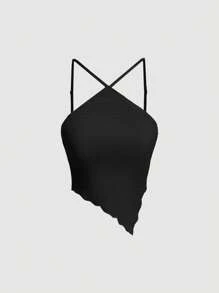 SHEIN MOD Solid Lettuce Trim Halter Top - Black - View 1