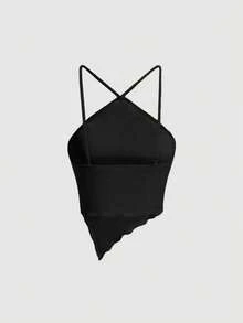 SHEIN MOD Solid Lettuce Trim Halter Top - Black - View 2
