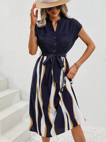 Chiquease Đầm Thắt lưng Túi Nút phía trước Khối Màu Giải trí - Xanh và trắng - Xem 5