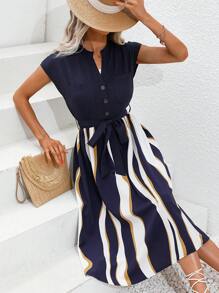 Chiquease Đầm Thắt lưng Túi Nút phía trước Khối Màu Giải trí - Xanh và trắng - Xem 6