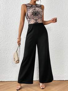 SHEIN Privé 印花闊腿無袖連體褲 - 彩色 - 查看 1