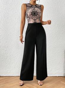 SHEIN Privé 印花闊腿無袖連體褲 - 彩色 - 查看 3