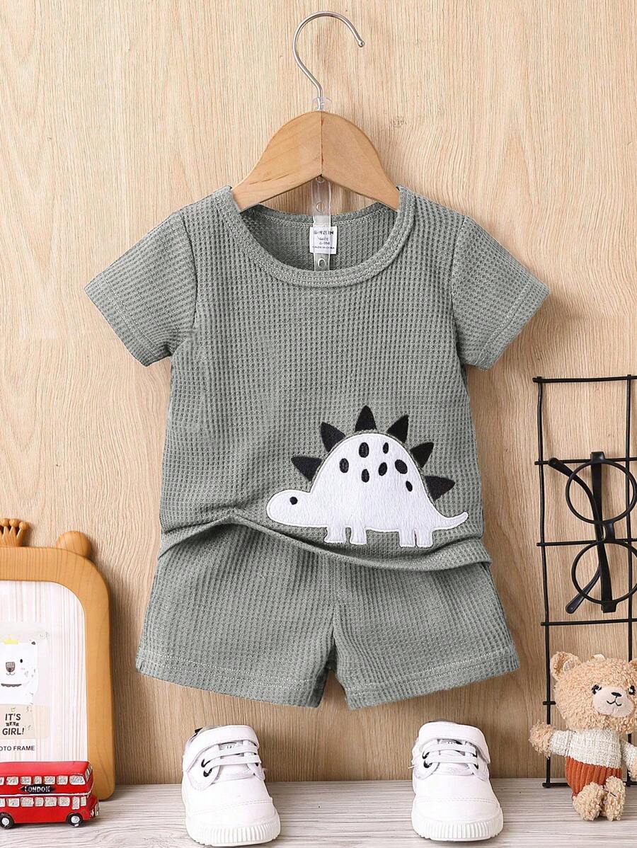 SHEIN Baby Boy Summer Cartoon Dinosaur Print Round Neck Short Sleeve T-Shirt And Shorts Casual 2 Pieces Set - Light Grey - View 1