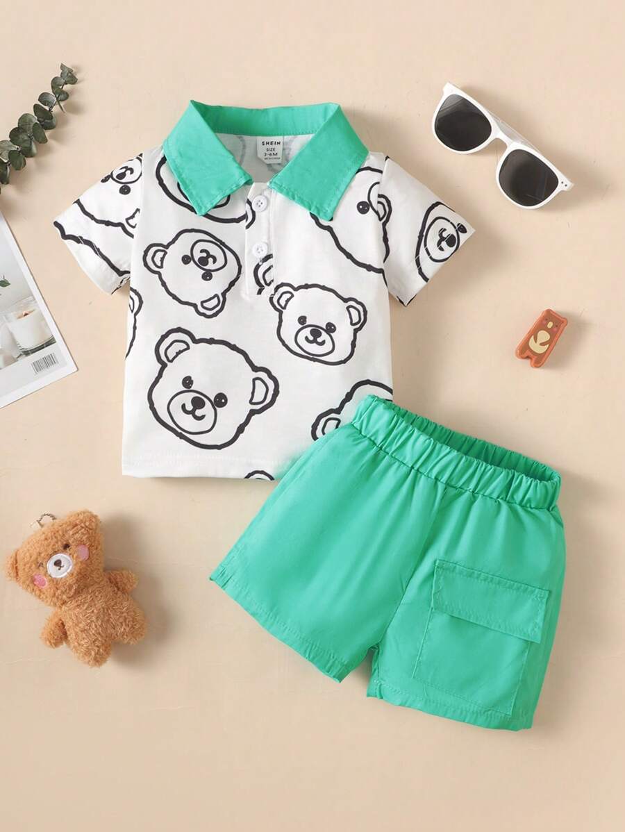 Đứa bé trai In Gấu Cổ áo tương phản Áo polo & Túi có nắp Bộ quần short - Nhiều màu - Xem 1