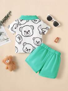 Đứa bé trai In Gấu Cổ áo tương phản Áo polo & Túi có nắp Bộ quần short - Nhiều màu - Xem 2