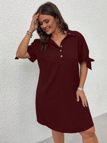 SHEIN LUNE 大碼休閒鈕扣 打結 前紐扣純色連衣裙 - 酒紅色 - 查看 3