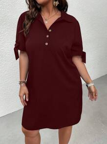 SHEIN LUNE 大碼休閒鈕扣 打結 前紐扣純色連衣裙 - 酒紅色 - 查看 4