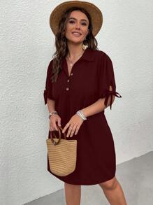 SHEIN LUNE 大碼休閒鈕扣 打結 前紐扣純色連衣裙 - 酒紅色 - 查看 5
