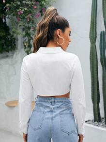 SHEIN EZwear Casual All-Match Solid Curved Hem Crop Shirt,Long Sleeve Tops