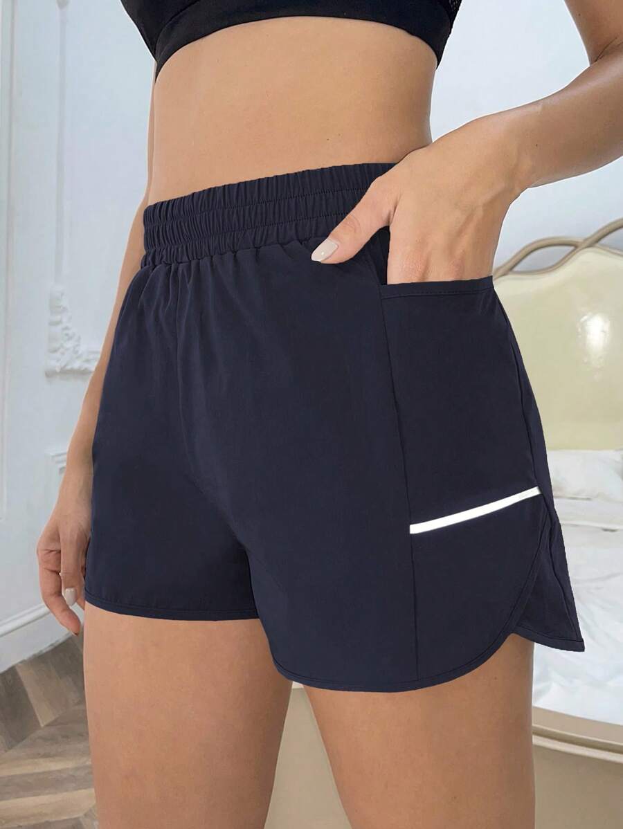 Easithlete 撞色胶带运动短裤（带手机口袋）蓝色短裤毛衣短裤 - 藏蓝色 - 查看 1