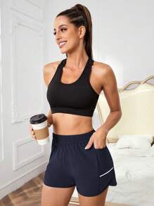 Easithlete 撞色胶带运动短裤（带手机口袋）蓝色短裤毛衣短裤 - 藏蓝色 - 查看 5