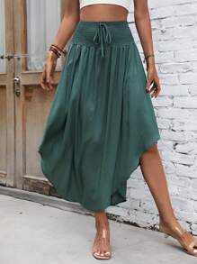 Breezaya 纯色抽绳腰部弧形下摆长裙度假海滩装女款 - 綠色 - 查看 4