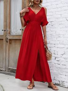 SHEIN LUNE Cold Shoulder Split Thigh Dress - Red - View 1