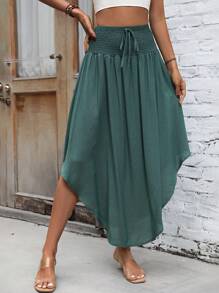 Breezaya 纯色抽绳腰部弧形下摆长裙度假海滩装女款 - 綠色 - 查看 5