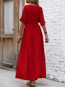 SHEIN LUNE Cold Shoulder Split Thigh Dress - Red - View 2