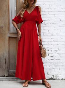 SHEIN LUNE Cold Shoulder Split Thigh Dress - Red - View 3