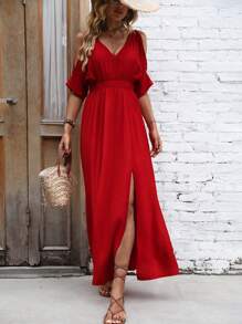 SHEIN LUNE Cold Shoulder Split Thigh Dress - Red - View 4