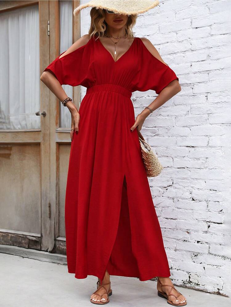 SHEIN LUNE Vestido de hombros descubiertos de muslo con abertura - Rojo - Añade 5