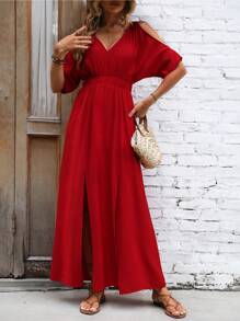 SHEIN LUNE Cold Shoulder Split Thigh Dress - Red - View 6