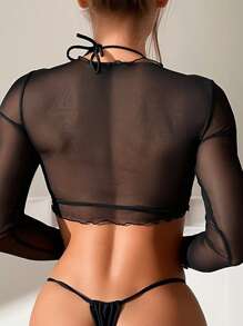Solid Sheer Mesh Crop Top Without Bra - Black - View 2